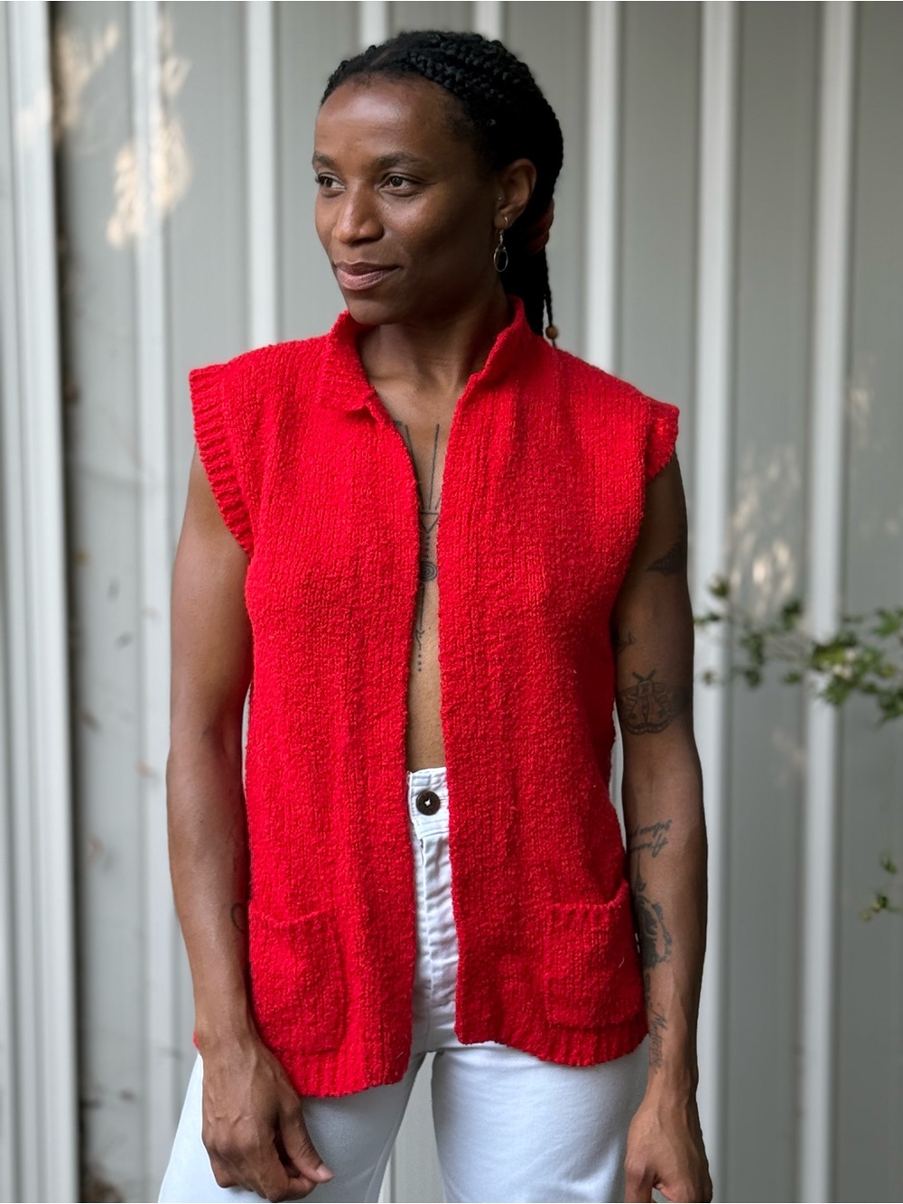 Bermuda Run Red Knit Sweater Vest Open Front Pockets Size M